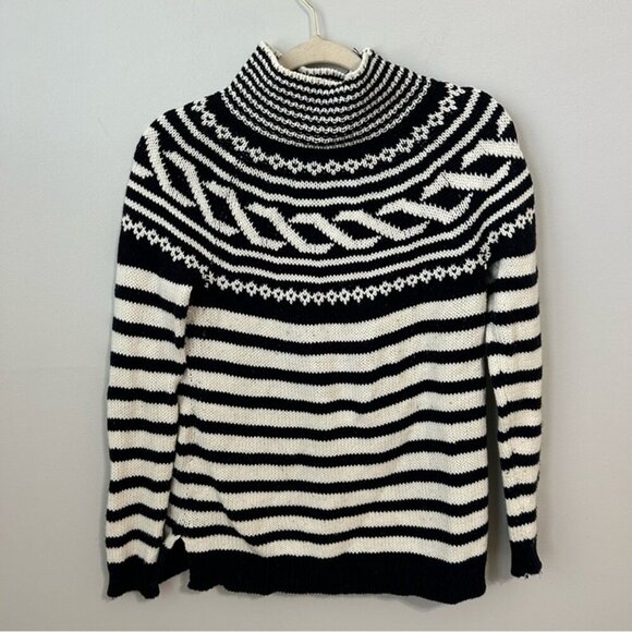 Talbots Fair Isle Navy White Striped Sweater Cowl Neck Chunky Knit Small Petite - Picture 1 of 5